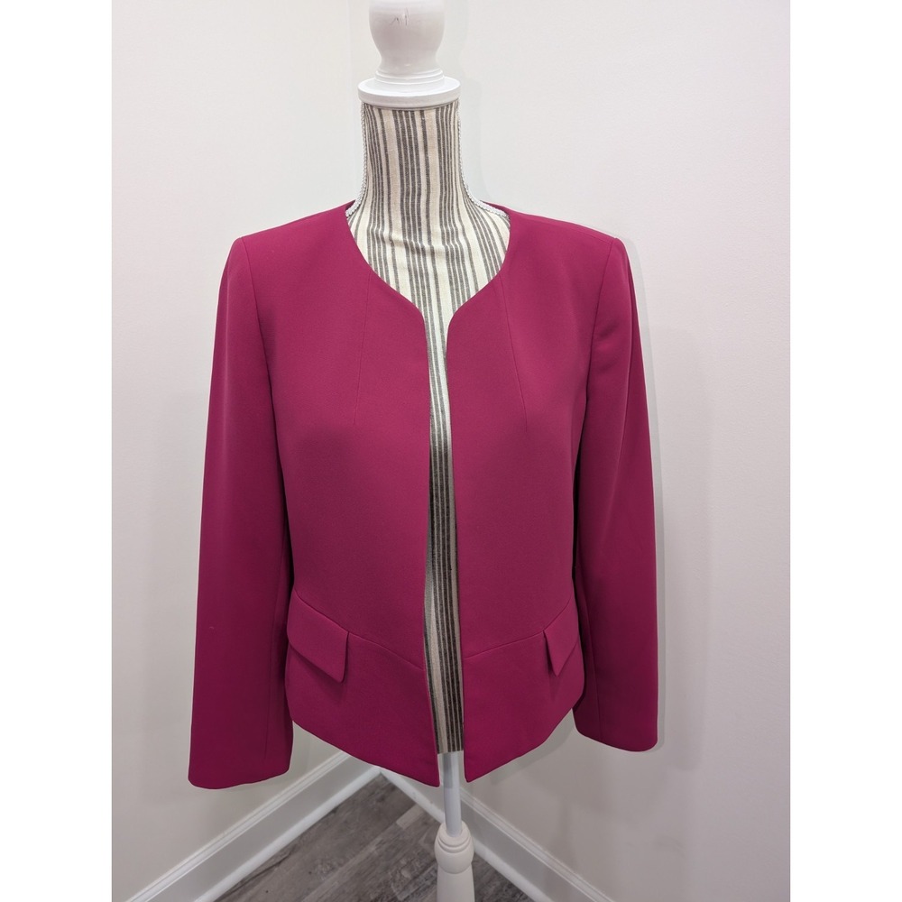 Jones Studio Cropped Open Front Woven Blazer Fuschia Pink Sz 10 Preppy Classic